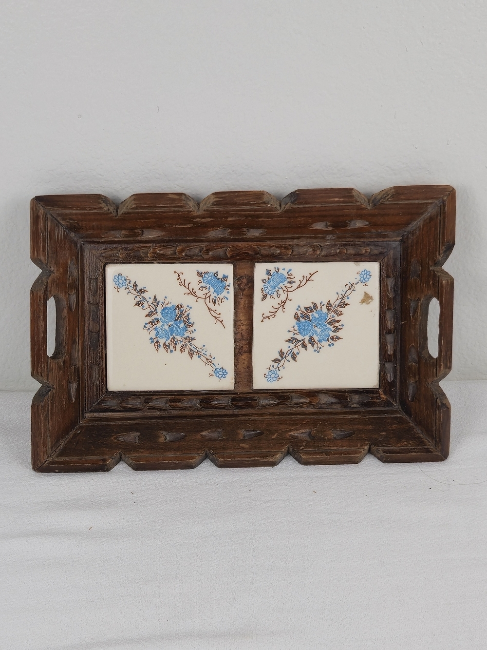 Vintage Carved Wood & Blue Floral Tile Serving Tray Wall Decor